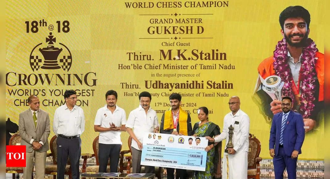 Rs 5 crore award for Gukesh! Tamil Nadu CM felicitates World Chess Champion | Chess News Rs 5 crore award for Gukesh! Tamil Nadu CM felicitates World Chess Champion | Chess News